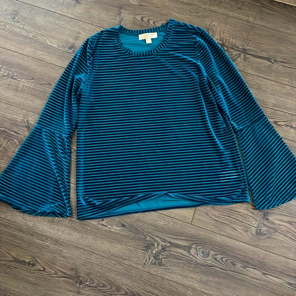 MICHAEL Michael Kors Teal and Black Striped Velvet Bell Sleeve Top